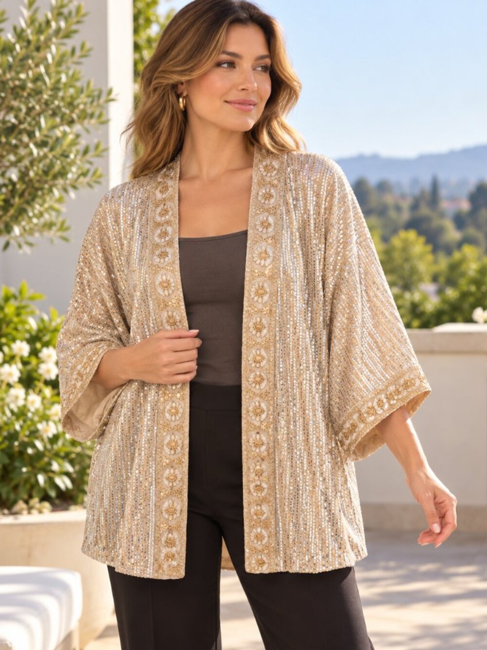 See and Be Seen Champagne Sequin Embroidered Kimono M/L NWT